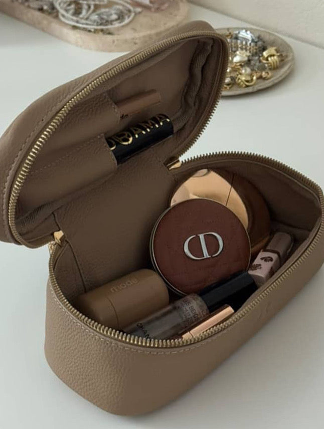 BEIGE SMALL GENUINE LEATHER MAKEUP BAG